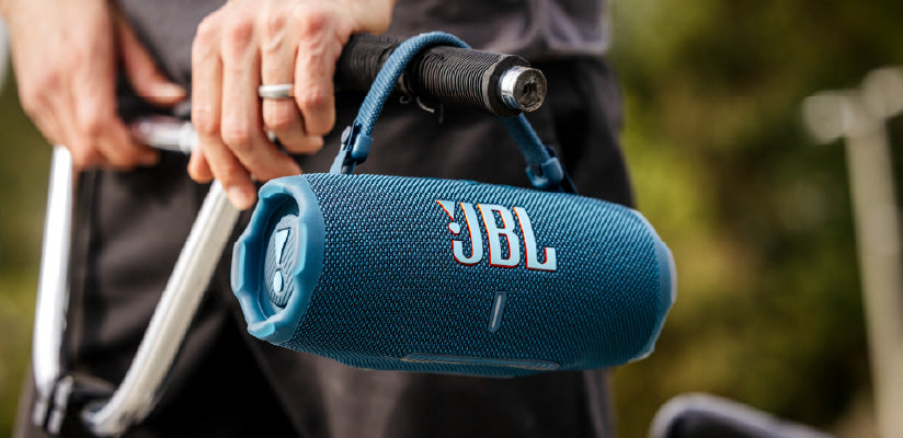 JBL speaker on bicycle handlebars