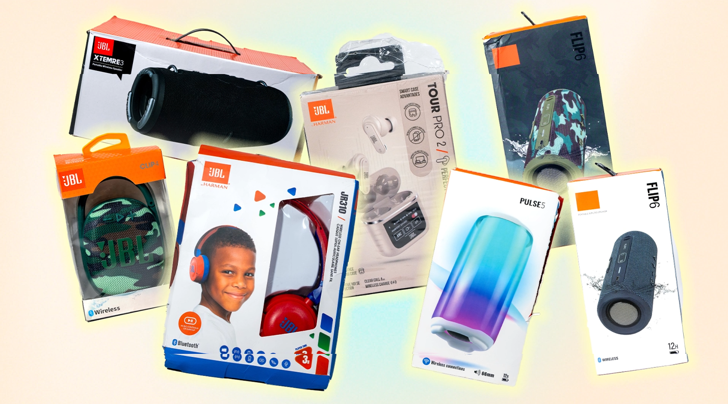 Collage of authentic JBL product packaging including Xtreme, Flip, Pulse, Clip, and Tour Pro.