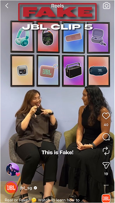 Instagram Reel showing fake JBL Clip 5 products.